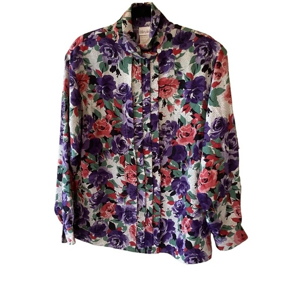Vintage Tops - Bleyle Y2K Purple Red Green Floral Button-Up Blouse Polka Dots Fairycore L/XL